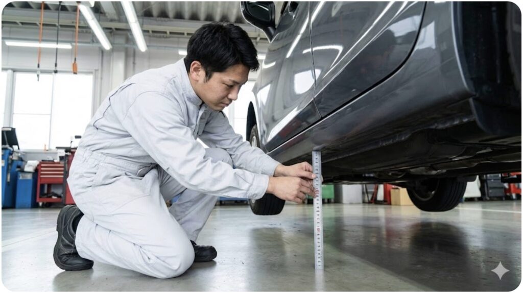自動車整備工場で、日本人整備士が専用の金属製スケールを使い、リフトアップされた車のマフラー下部の最低地上高を測定している様子。