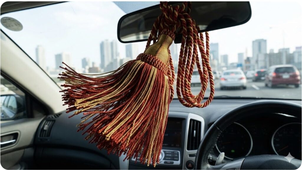運転席からの視界を妨げる恐れがある、ルームミラーに吊るされた大きなふさ飾りの例
