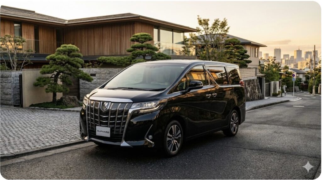 高級住宅街の夕暮れ時に駐車されている黒色のトヨタ・アルファード30系Executive Lounge S。