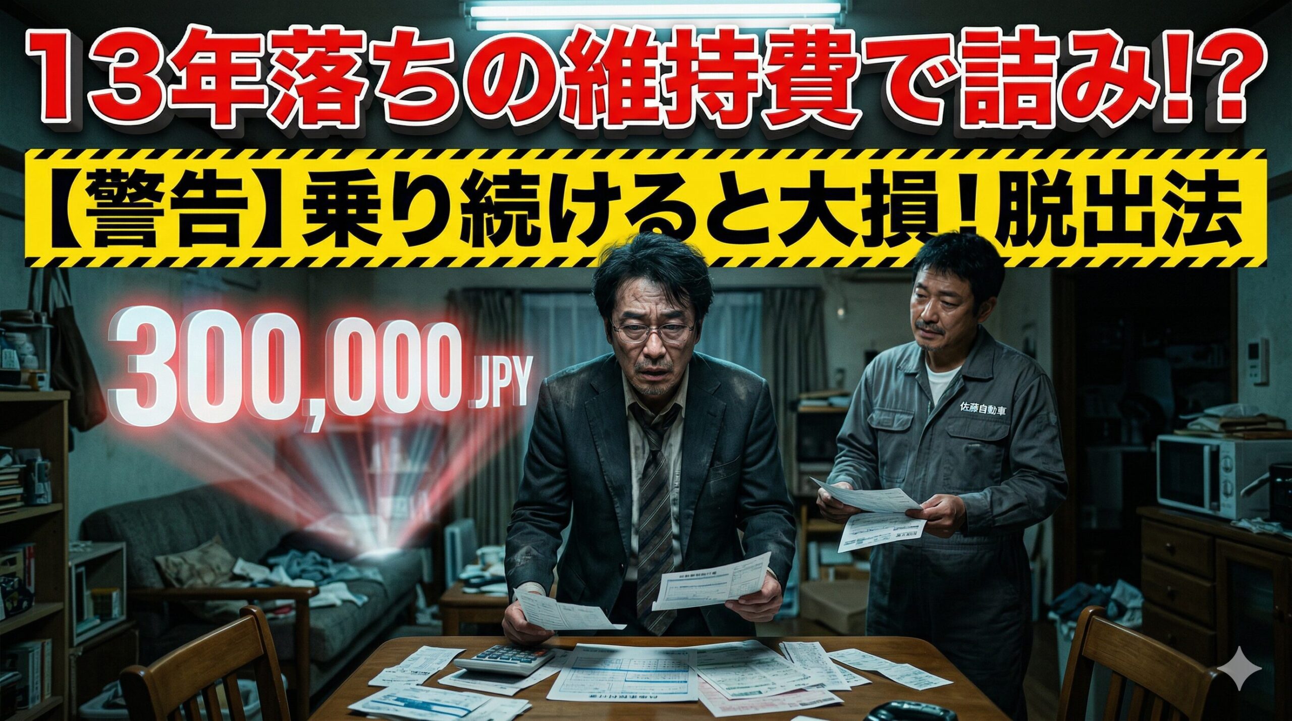 13年落ちの重い税金とガソリン代に絶望する男性。数十万の損を防ぐ究極の脱出法を解説したアイキャッチ画像。