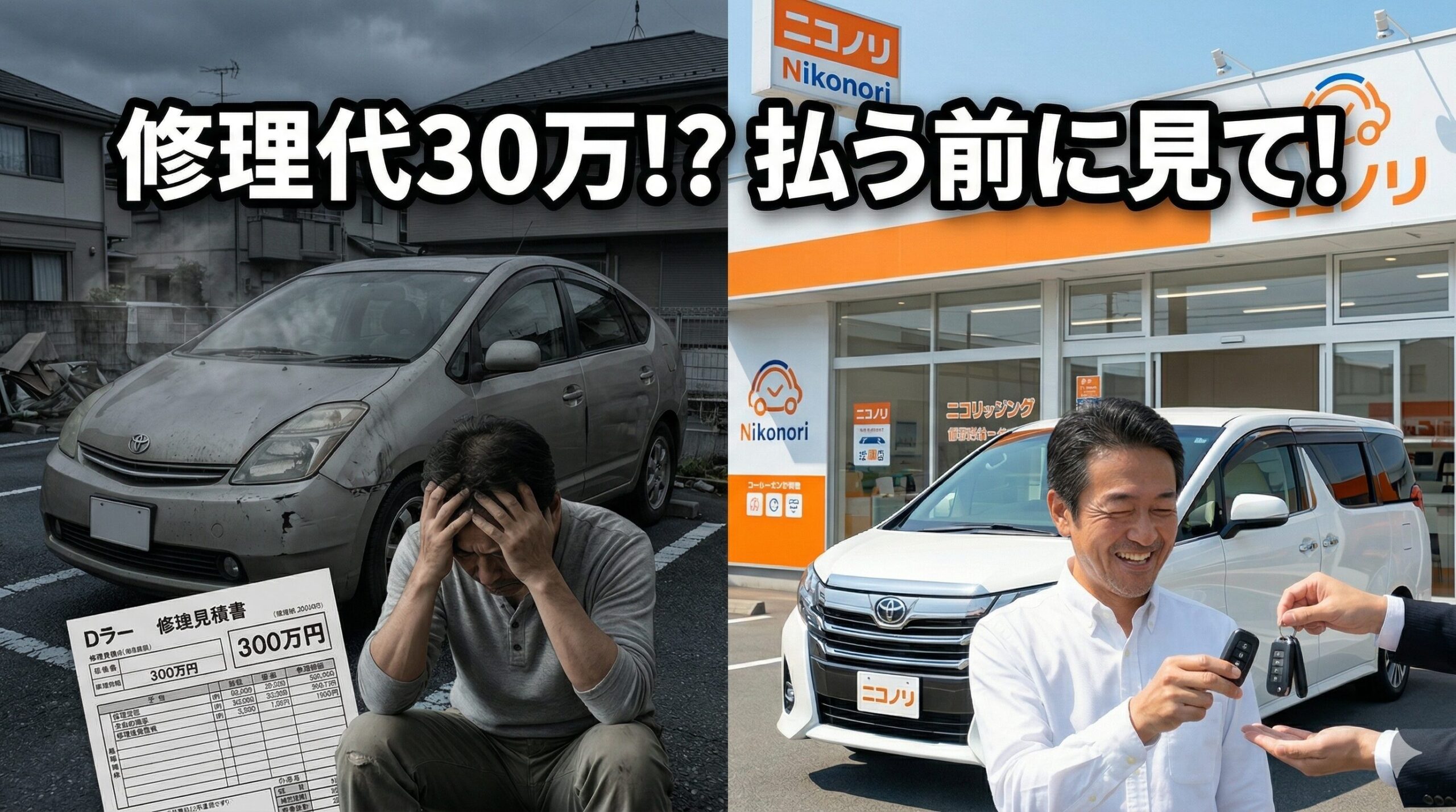 50系プリウスのハイブリッドバッテリー故障で15万円以上の交換費用に悩むユーザーへ。寿命による高額修理を避け、一括査定での売却やニコノリでの定額乗り換えという賢い出口戦略を提案するイメージ図。