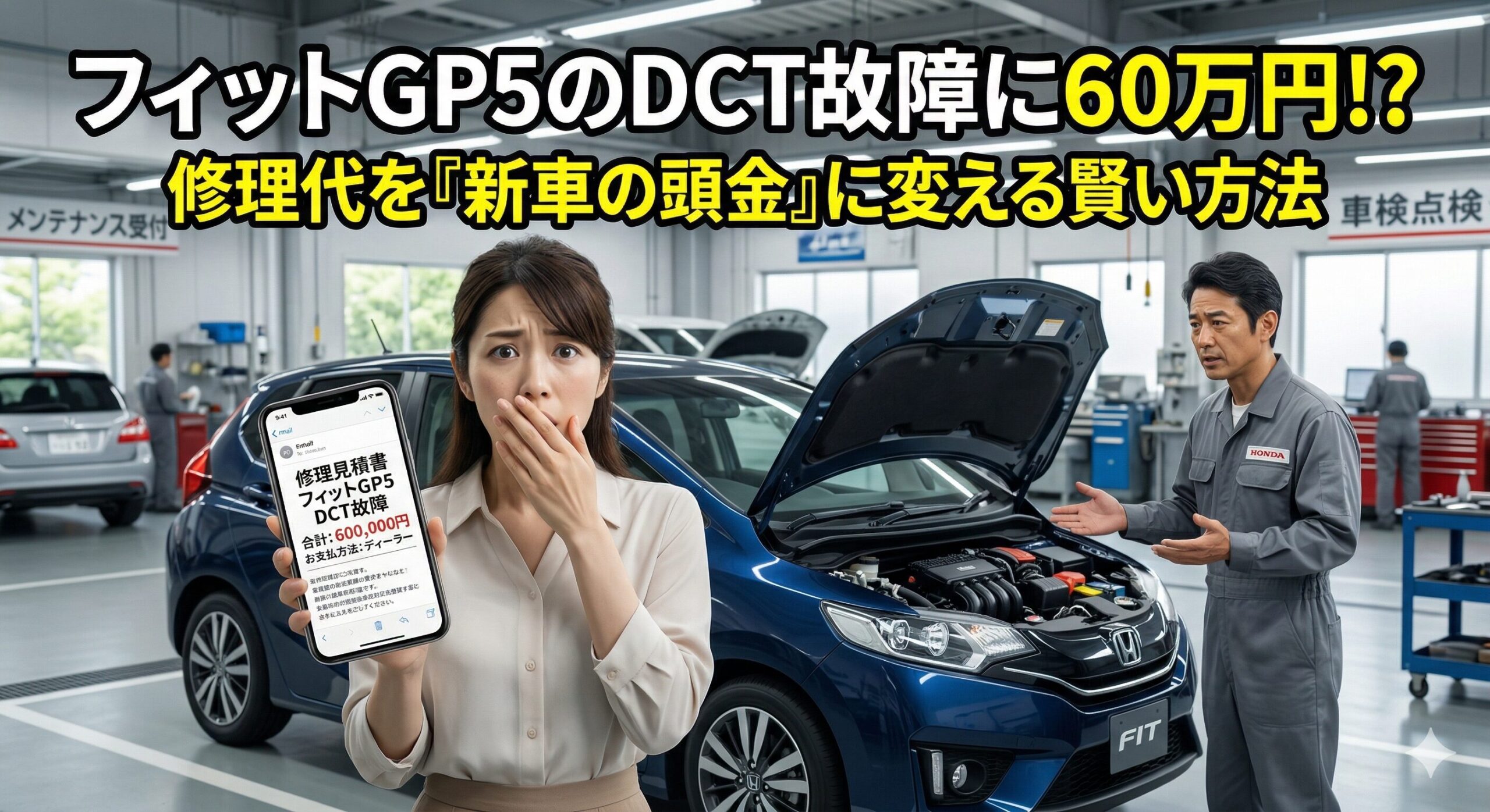 フィットGP5のDCT不具合。修理費用60万円に顔面蒼白になる女性オーナー。高額な修理代を払う前に、一括査定での売却やニコノリの定額カーリース（新車リース）に乗り換える賢い選択肢を解説