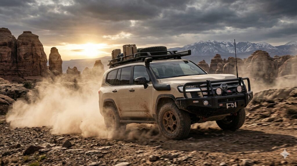 荒野を力強く駆け抜けるランドクルーザーの姿、高い耐久性と信頼性を感じさせる