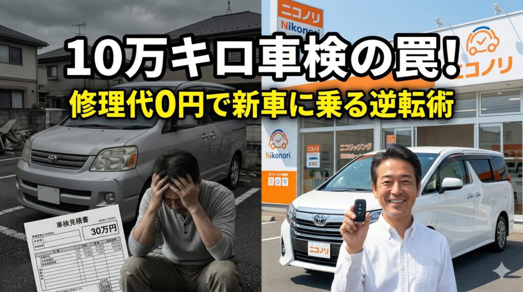 ヴォクシーの10万キロ車検費用で30万円の請求に悩む人へ。故障や寿命による高額な部品交換費用を払うリスクを解説。修理せず一括査定で今の車を現金化し、ニコノリの定額リースで賢く乗り換える出口戦略のイメージ