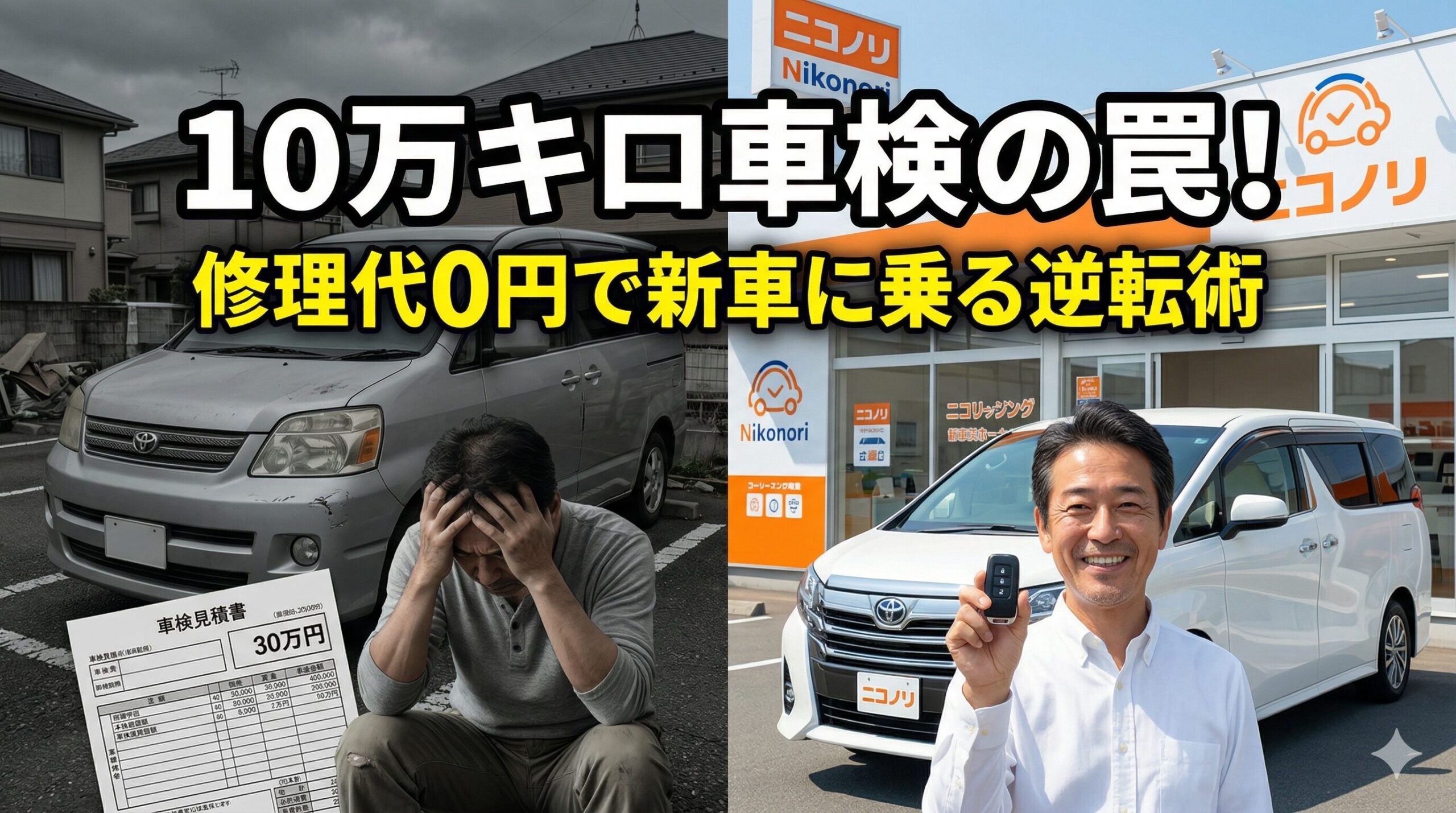 ヴォクシーの10万キロ車検費用で30万円の請求に悩む人へ。故障や寿命による高額な部品交換費用を払うリスクを解説。修理せず一括査定で今の車を現金化し、ニコノリの定額リースで賢く乗り換える出口戦略のイメージ