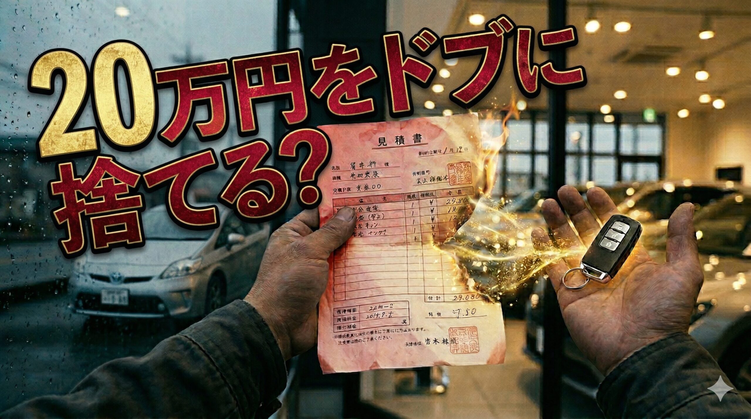 30プリウスのバッテリー交換費用は？寿命で後悔する前に知るべき現実 - 高額な修理の見積書とスマートキーを握りしめ、出費の重圧に葛藤する一人称視点の緊迫した様子