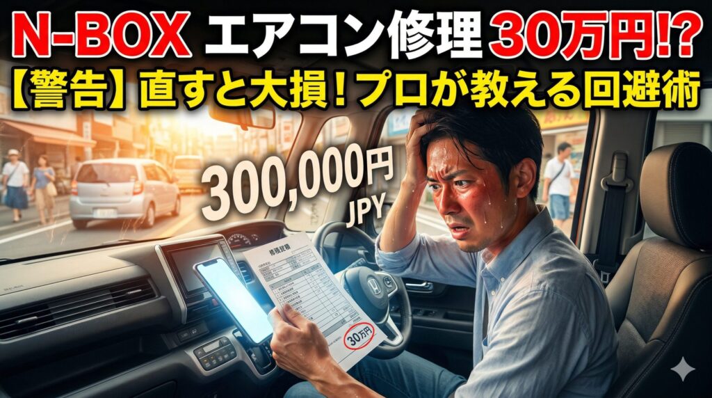 N-BOXのエアコンコンプレッサー修理代（30万円）の罠に驚く様子と、修理で損をしないための賢い回避術を示すイメージ画像
