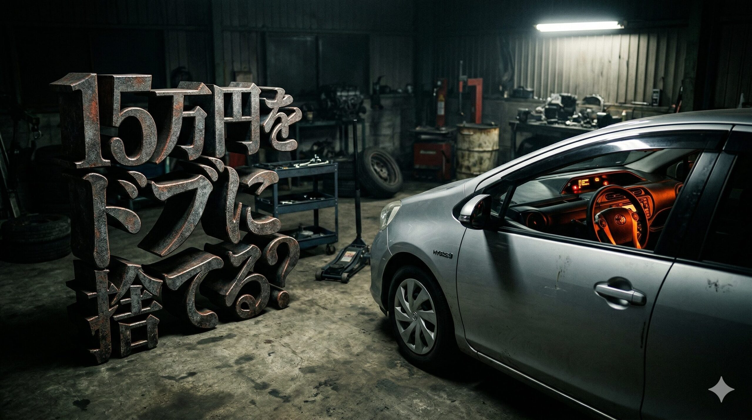 雨の日に故障して立ち往生するアクアと絶望するドライバーの様子。画像左側には「15万円をドブに捨てる？」という大きな太字の日本語テキストが配置されている。