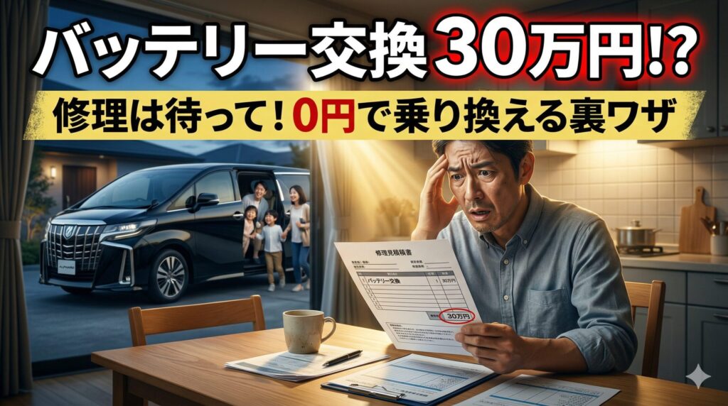 アルファードのハイブリッドバッテリー交換費用（30万円）に絶望するオーナーと、修理せずに0円で乗り換える賢い解決策のイメージ画像