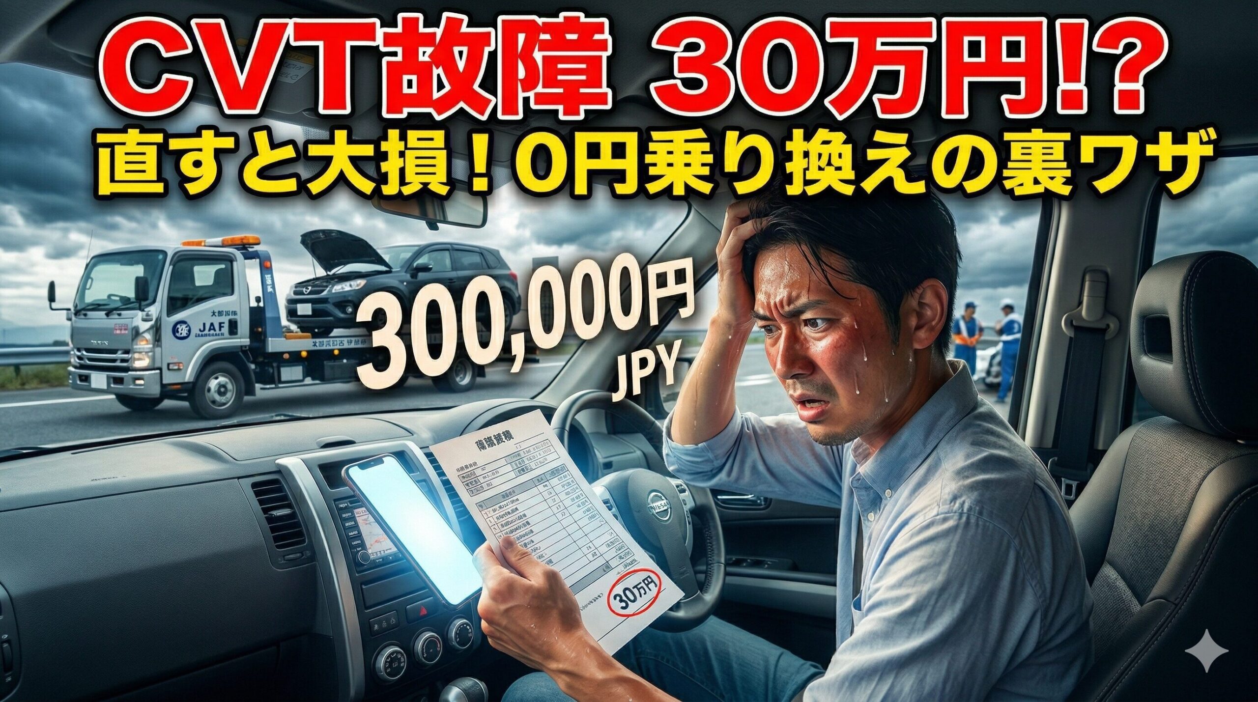 エクストレイルのCVT故障修理代（30万円）に絶望するオーナーと、修理せずに0円で乗り換える賢い解決策のイメージ画像