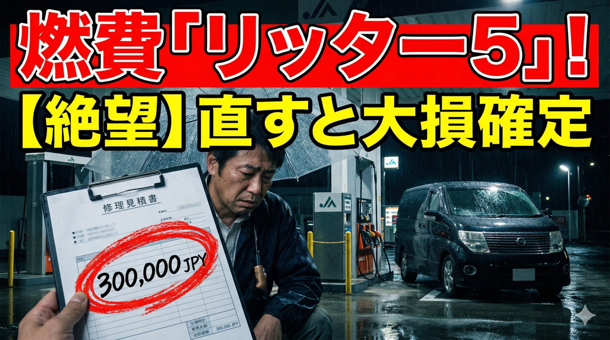 エルグランドの燃費リッター5の限界と、30万円の修理代を前に泣き崩れる男性オーナーを描いた画像。
