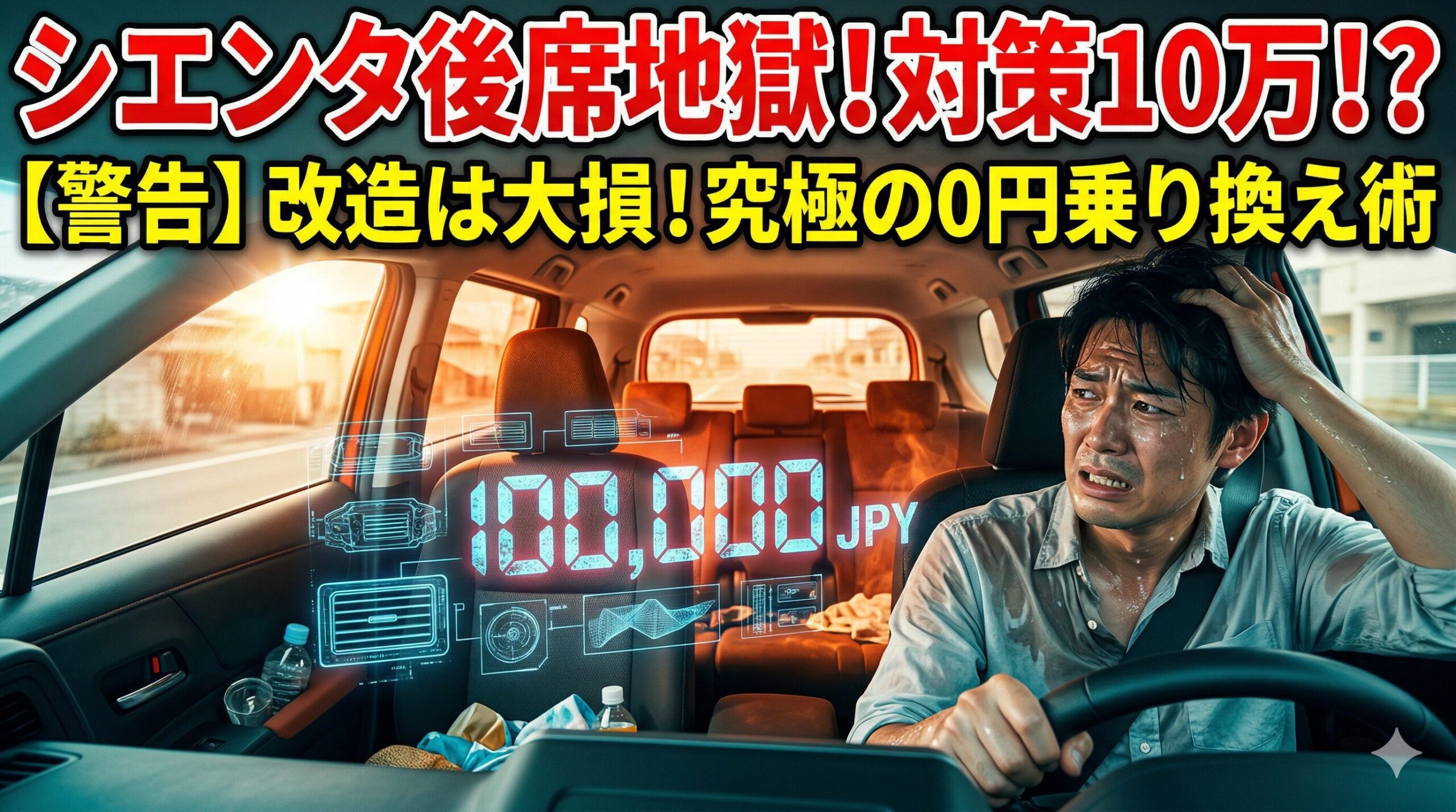 夏のシエンタ後席は地獄？サーキュレーターは必要か悩む絶望した男性運転手の画像。高額な後付け改造で大損する前に知るべき、後悔しない究極の乗り換え術を解説。