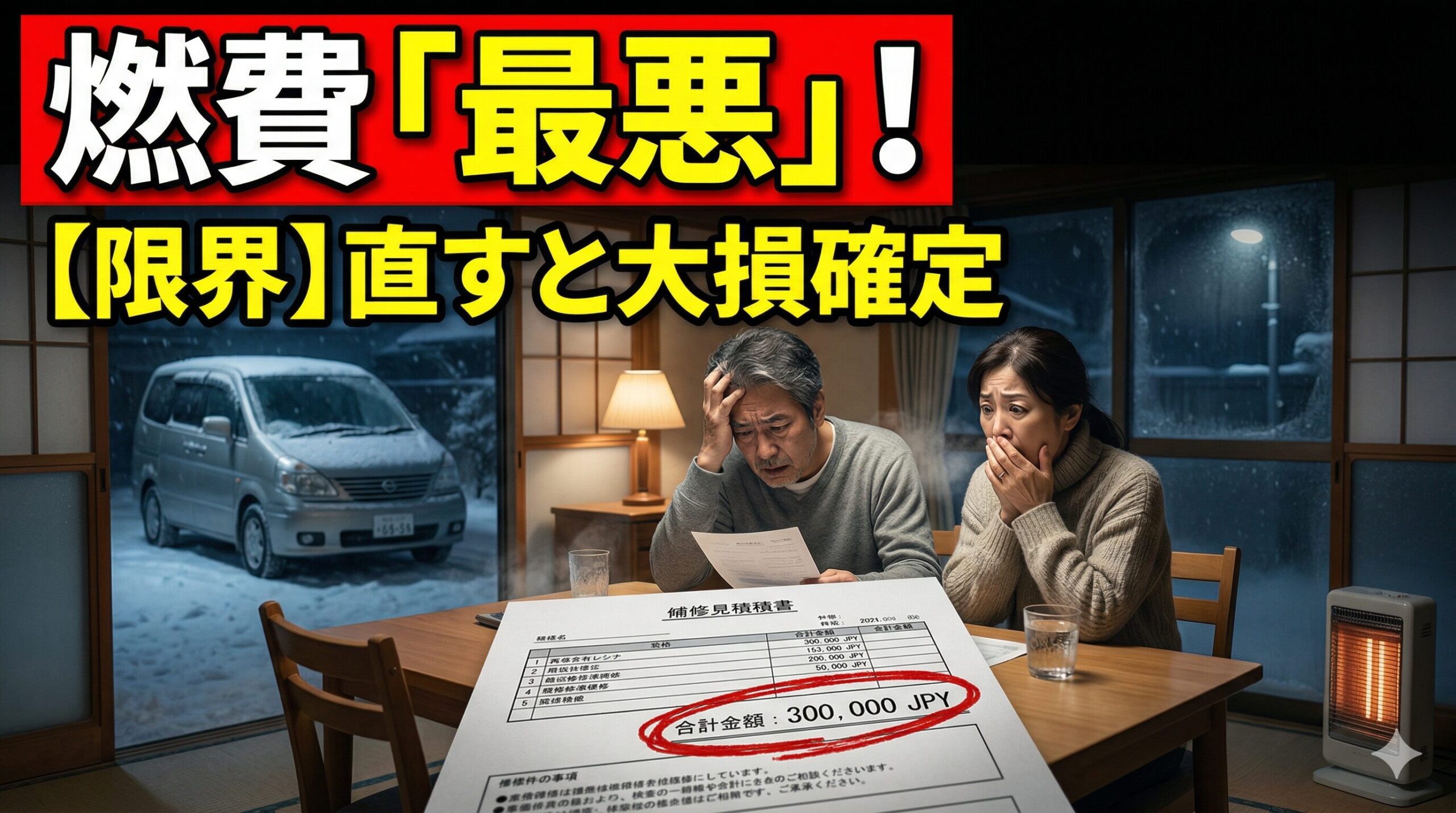 古いセレナの燃費の悪さと、30万円の高額修理を前に凍りつく家族会議。乗り換えを検討する夫婦の画像。