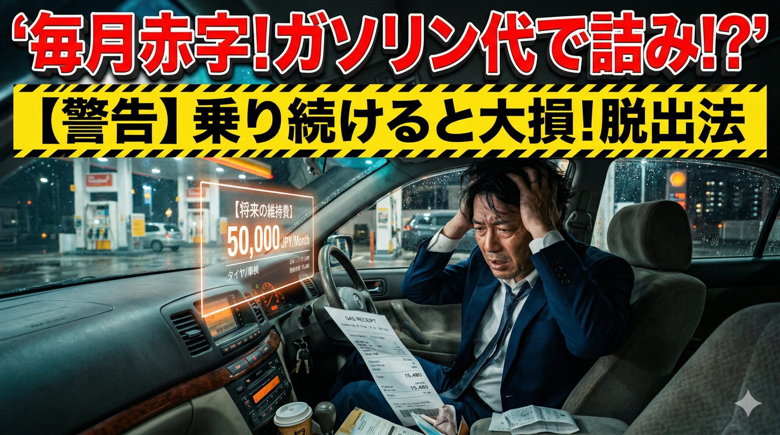デイズルークスのガソリン代に絶望する男性。究極の損切りで脱出する方法を解説したアイキャッチ画像。