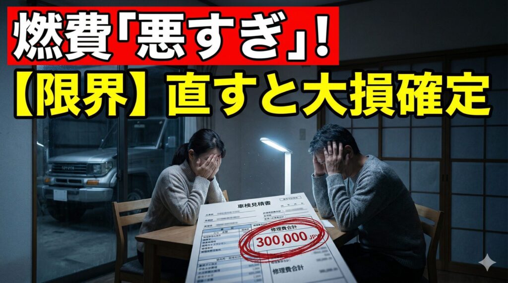 プラドの燃費の悪さと、30万円の高額修理を前に凍りつく家族会議。手放すか悩む夫婦を描いた画像。
