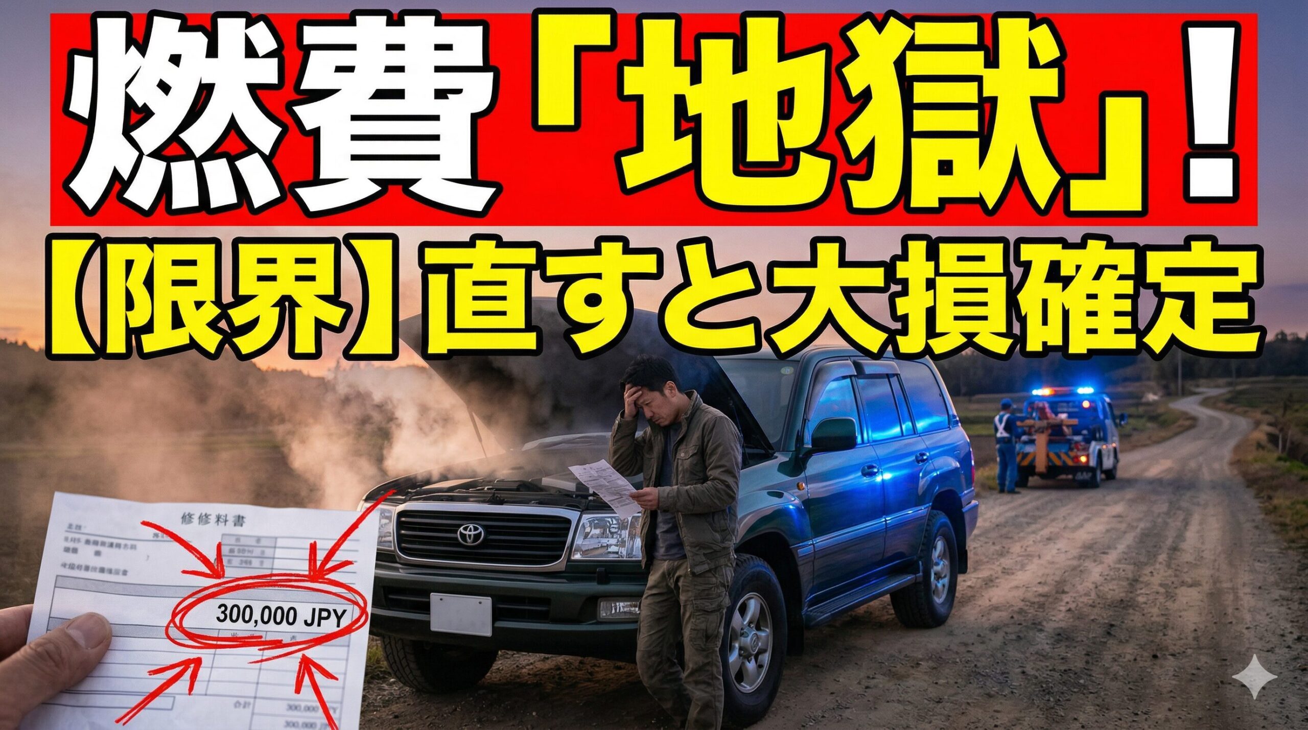 ランドクルーザーの燃費の悪さと、30万円の高額修理を前に立ち尽くすオーナーを描いた画像。