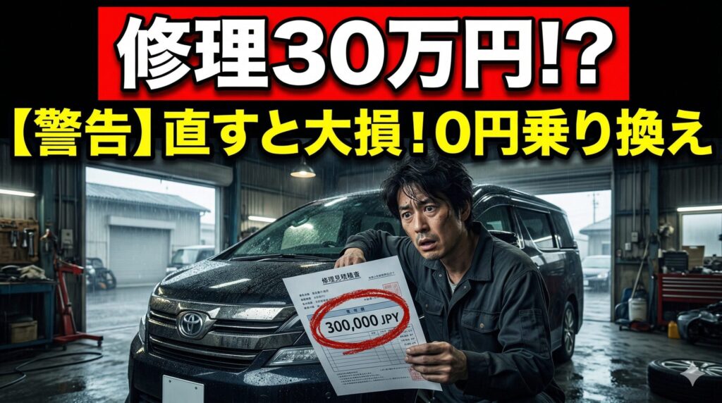 月3万円のガソリン代と30万円の修理費に悩み、ヴェルファイアを手放すか葛藤する男性を描いた画像。