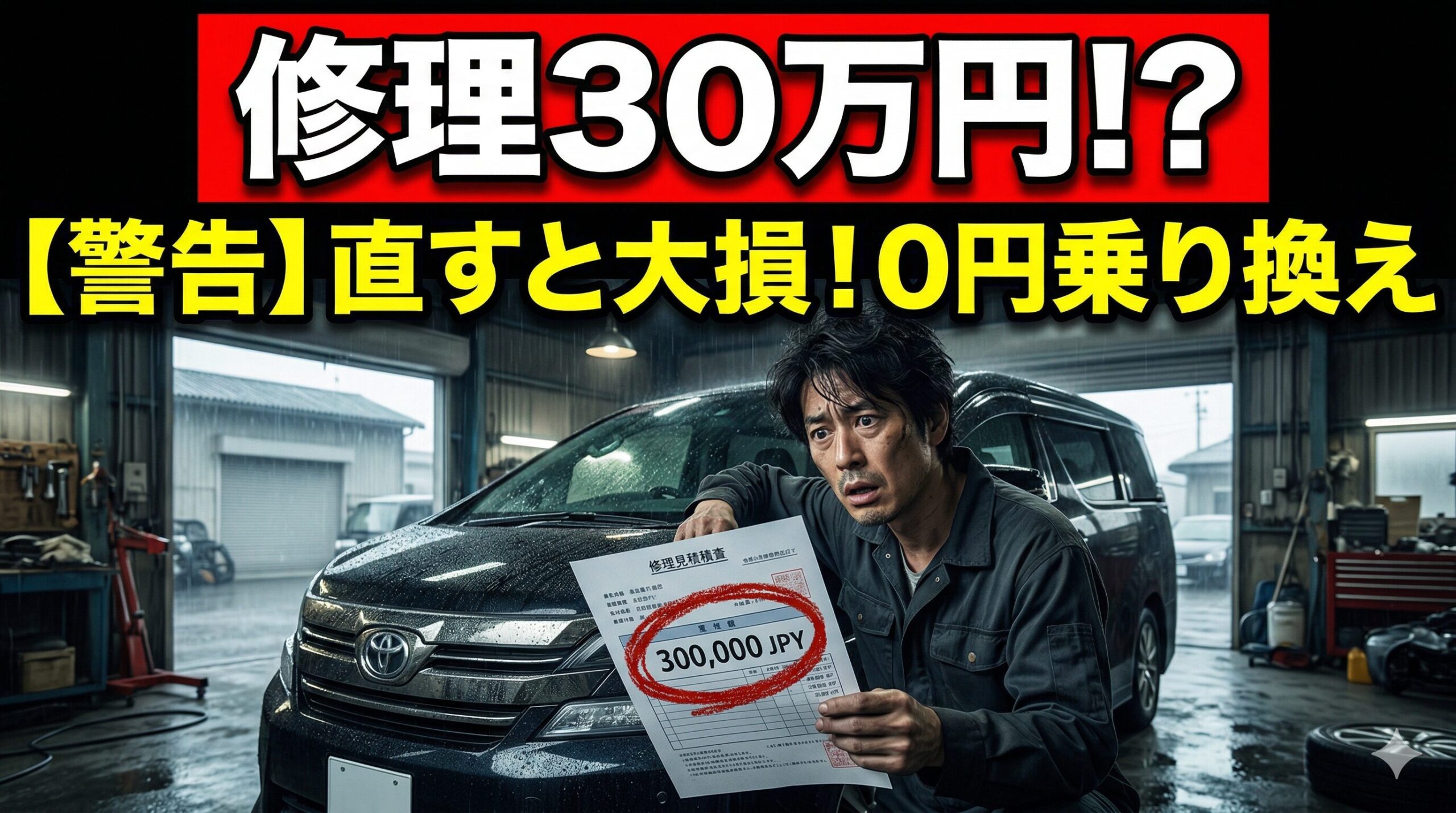 月3万円のガソリン代と30万円の修理費に悩み、ヴェルファイアを手放すか葛藤する男性を描いた画像。
