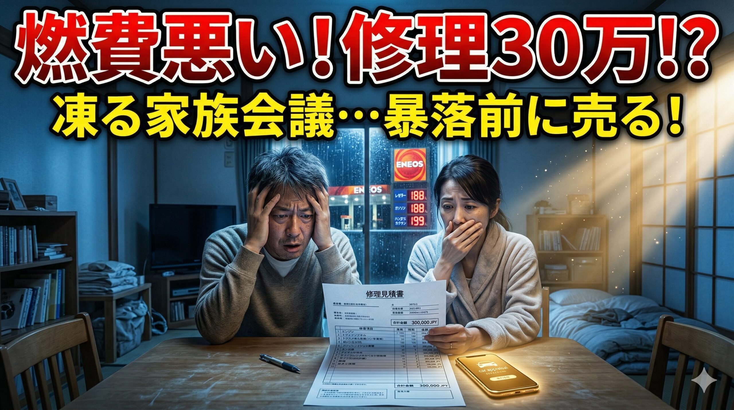 燃費の悪い古い車に30万円の修理見積もりが出て凍りつく家族会議と、価値が暴落する前に高く売り逃げる賢い解決策のイメージ画像