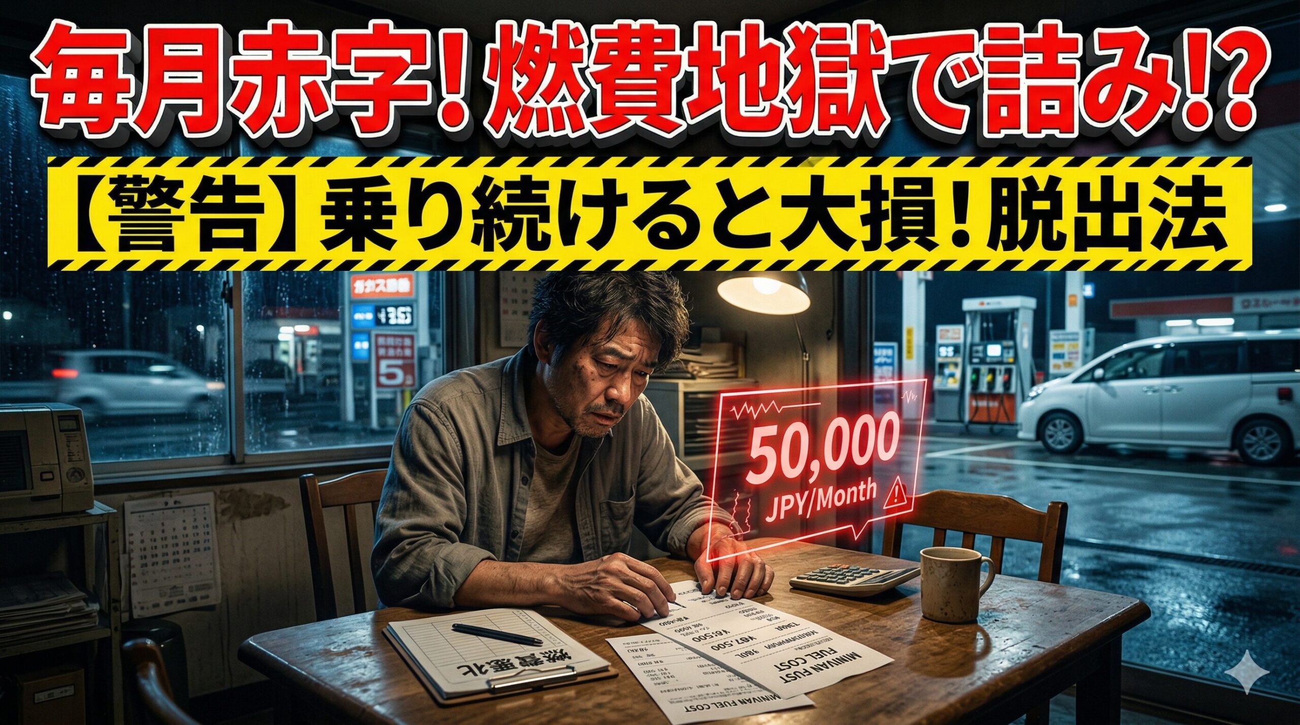 アルファードの高額なガソリン代に絶望する男性。大損確定の燃費地獄から抜け出す賢い乗り換え術を解説したアイキャッチ画像。