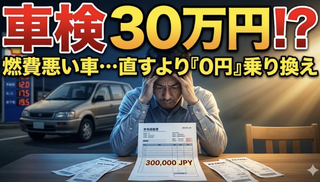 車検費用が30万円で、燃費が悪い古い車の維持に絶望するオーナーと、修理せずに『0円』で最新エコカーに乗り換える裏技を提示するイメージ画像