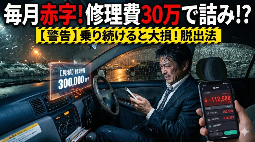 通勤車のガソリン代が毎月赤字で悩む男性。将来の高額な修理費に絶望し、車内で頭を抱える。その車で損をする前に知るべき解決策。