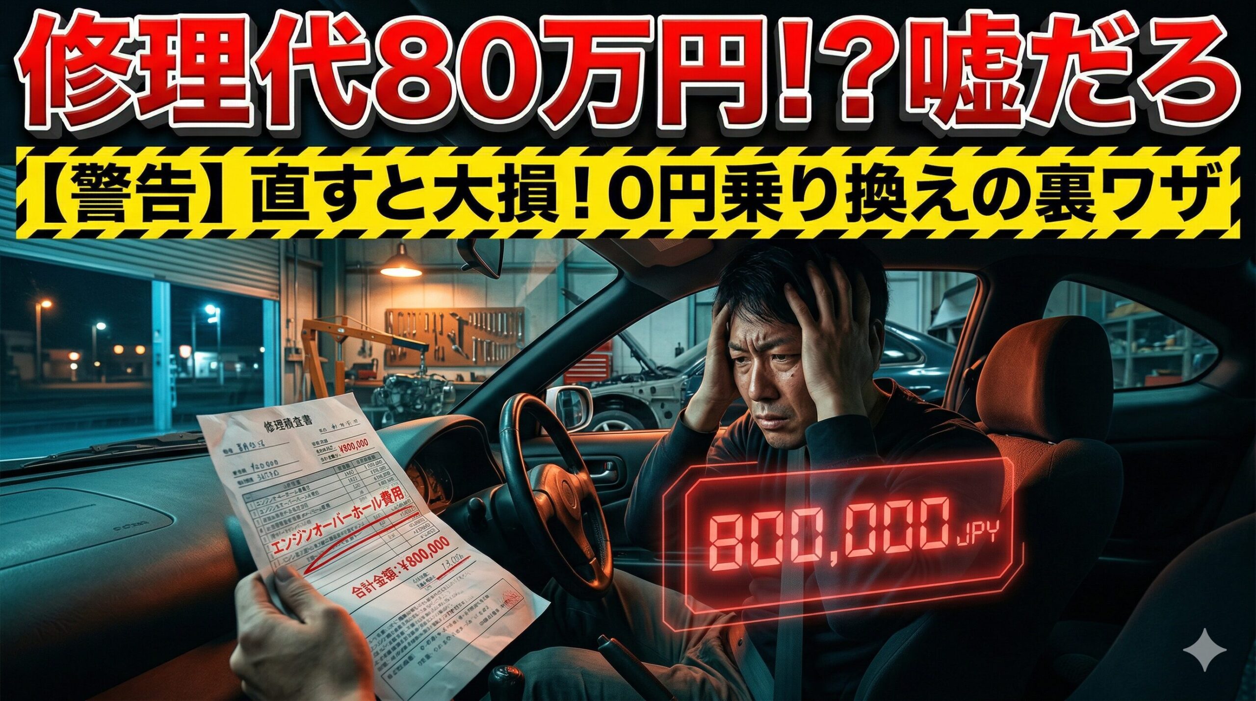 86の高額な修理代に絶望する男性。直すと大損する理由と賢い0円乗り換えの裏ワザを解説したアイキャッチ画像