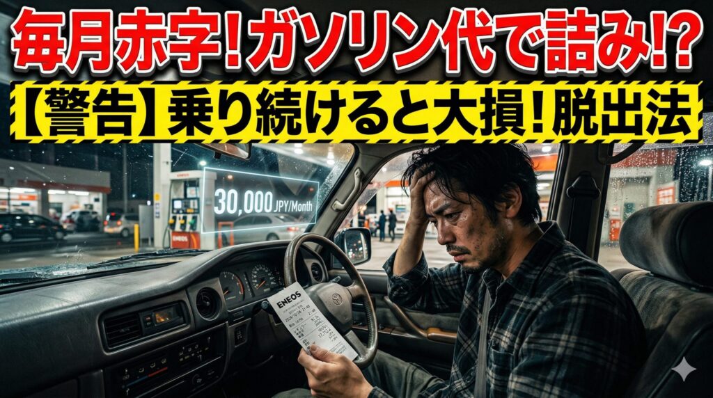 CX-3の悪い燃費によるガソリン代に絶望する男性。賢い高額売却で脱出する方法を解説したアイキャッチ画像。
