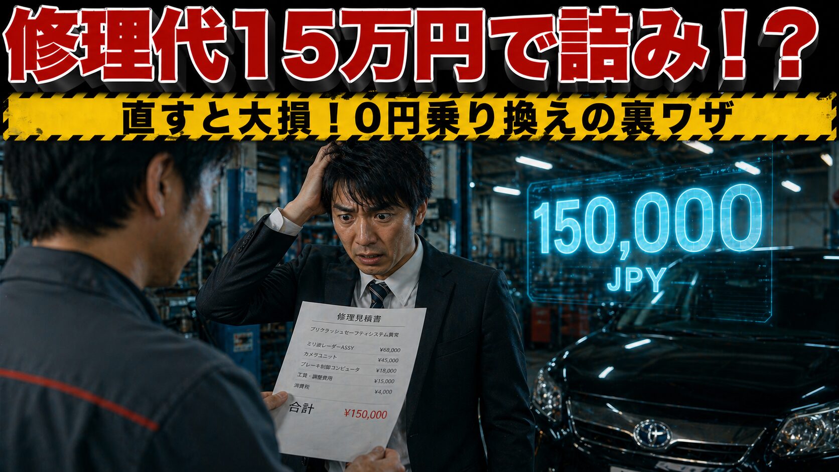 ヤリスのプリクラッシュセーフティ修理費に絶望する男性。直すと大損する理由と0円乗り換えの裏ワザを解説したアイキャッチ画像