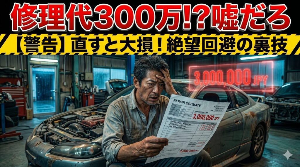 GT-Rの高額な修理費に絶望する男性。直すと大損する状況から賢く脱出する方法を解説したアイキャッチ画像