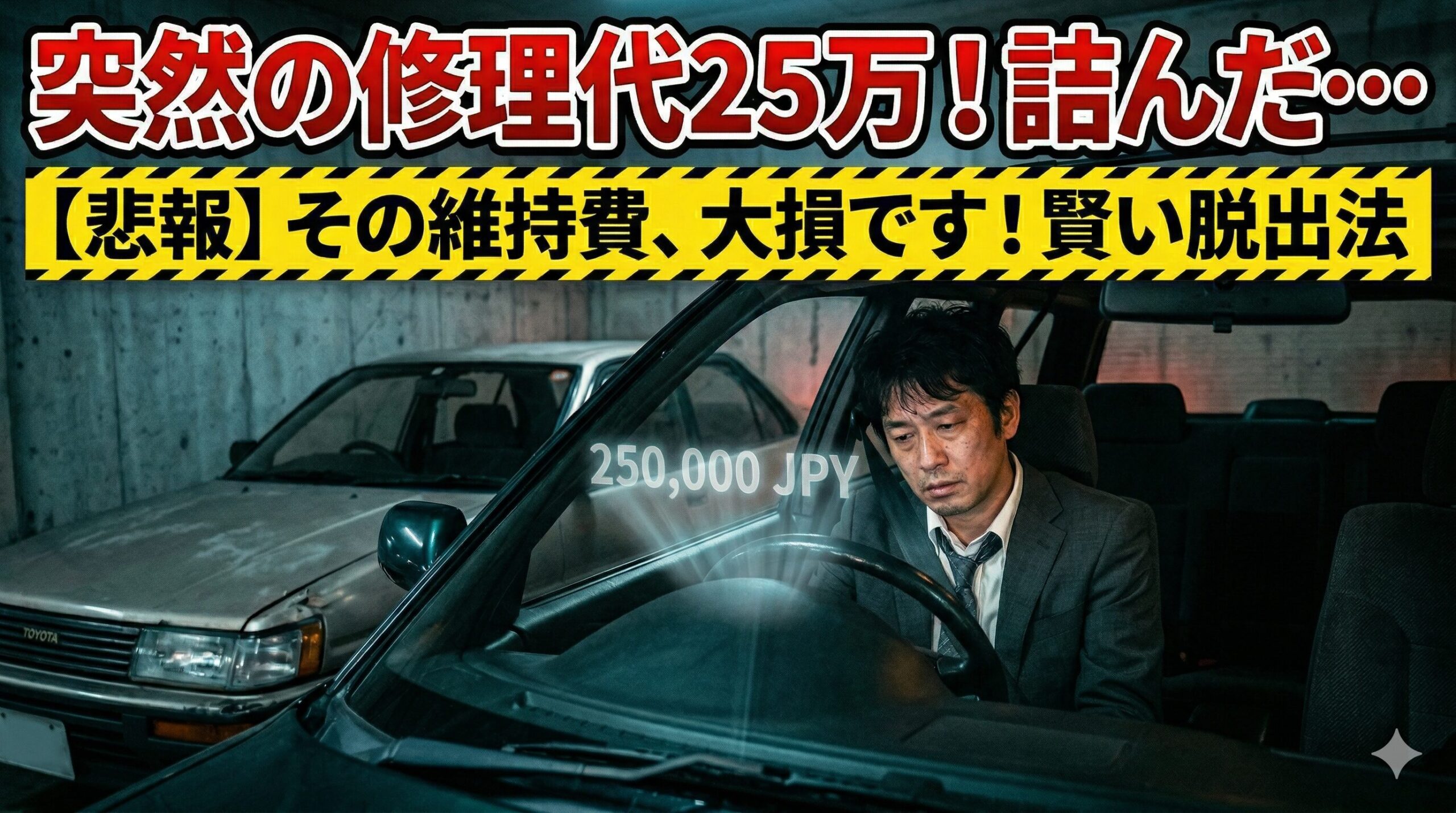 中古車の高額な維持費に絶望する男性。カーリースで賢く乗り換える方法を解説