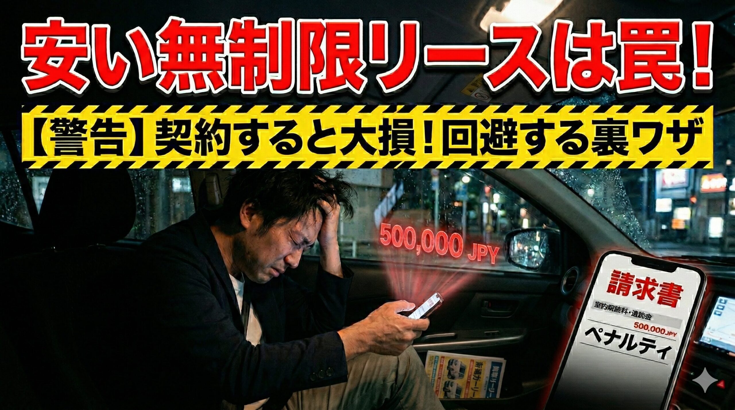 安い無制限カーリースの隠れた罠に気づき絶望する男性。大損を回避する賢い選び方を解説した