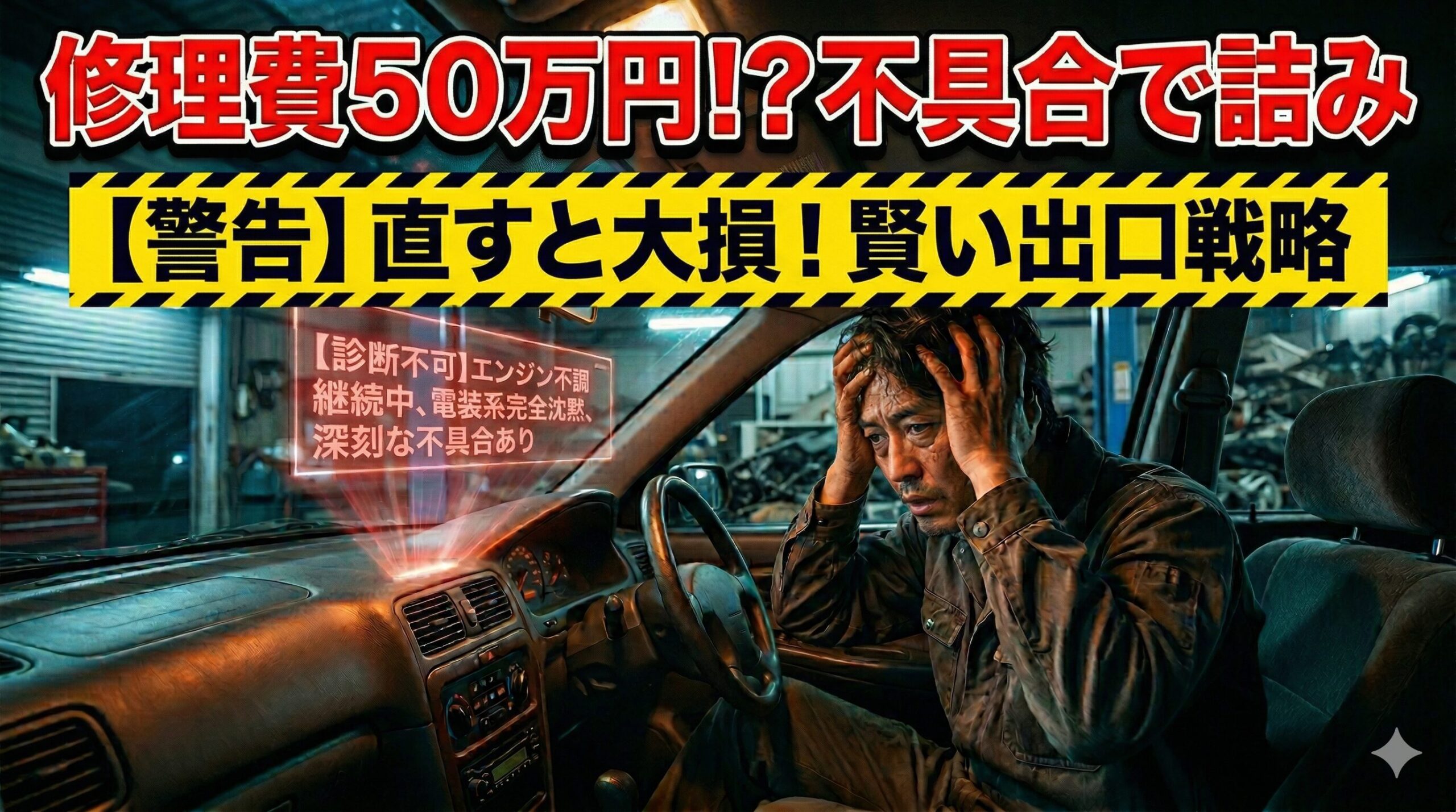 インプレッサスポーツGTの高額修理費に絶望する男性。直すと大損する前に知るべき賢い損切りで脱出する方法を解説