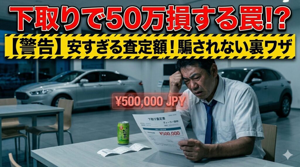 ディーラーの安すぎる下取り査定額に絶望する男性。嘘つき営業の罠を回避し大損を防ぐ方法を解説