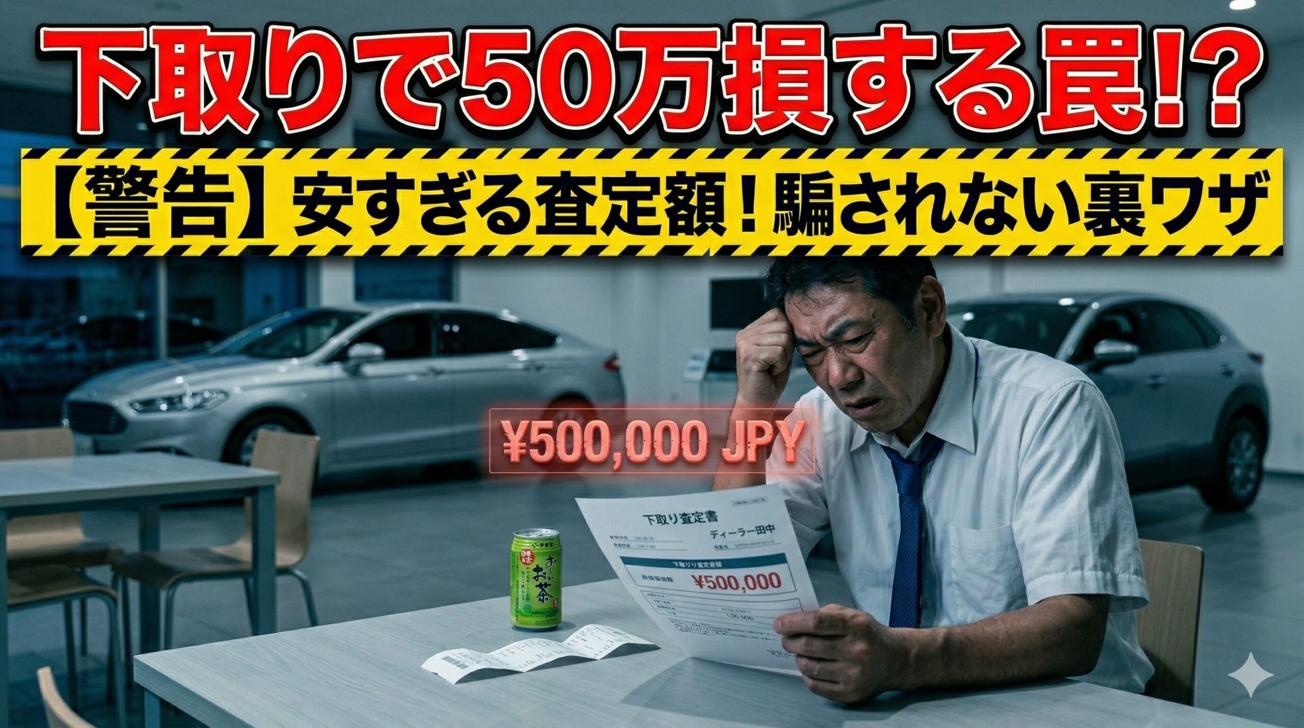 ディーラーの安すぎる下取り査定額に絶望する男性。嘘つき営業の罠を回避し大損を防ぐ方法を解説
