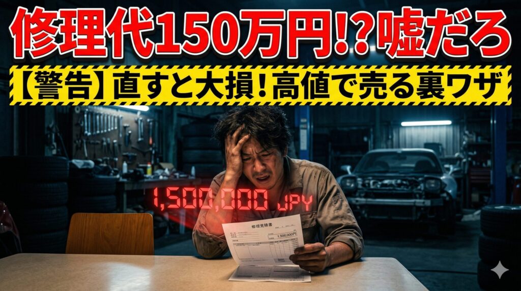 RX-7の修理費に絶望する男性。賢い損切りで高値で売る方法を解説したアイキャッチ画像