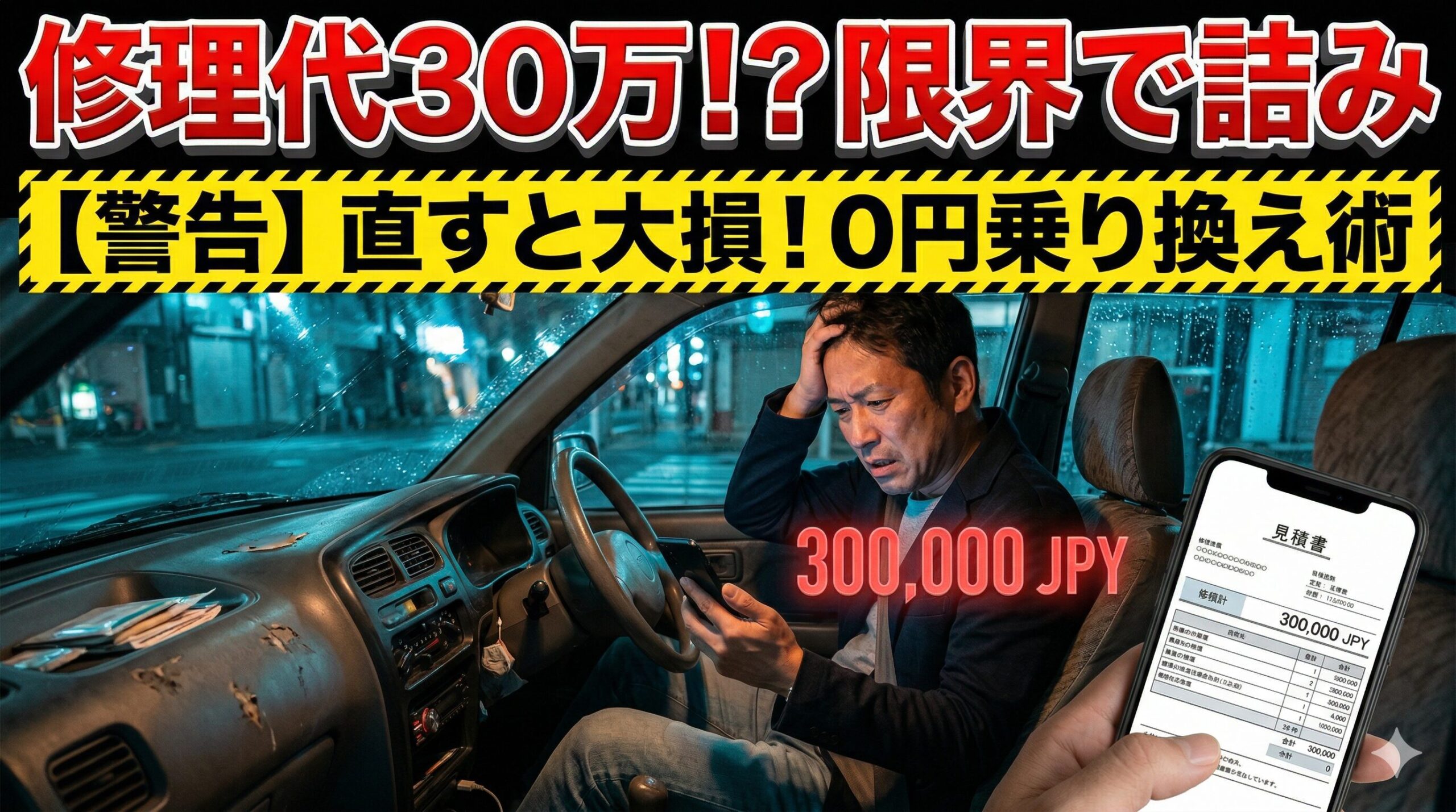 ekクロスの限界走行距離と高額な修理費に絶望する男性。直すと大損する理由と0円で乗り換える裏ワザを解説したアイキャッチ画像