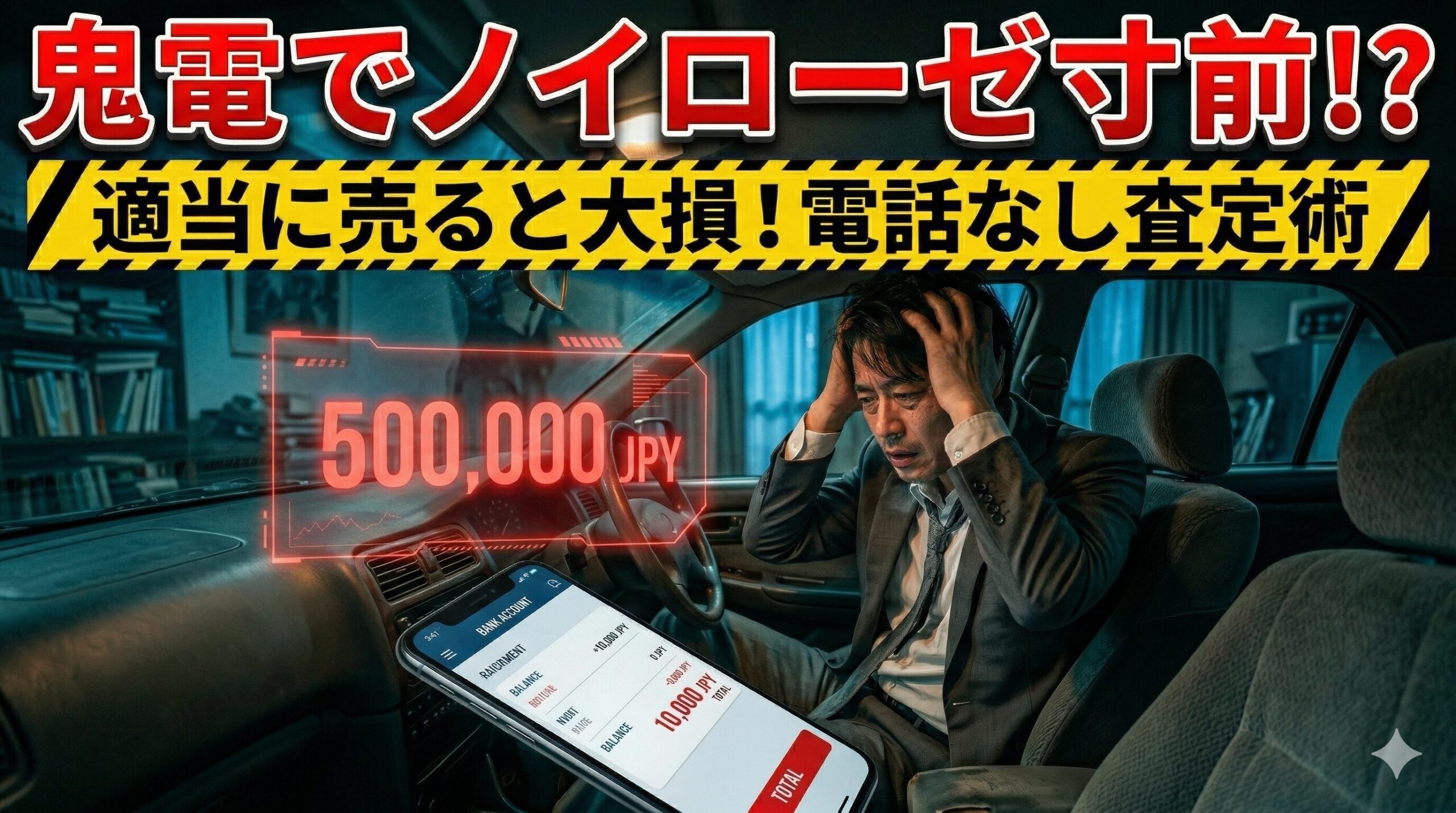 車買取業者の鬼電に絶望する男性。電話なしで賢く高く売る方法を解説したアイキャッチ画像。
