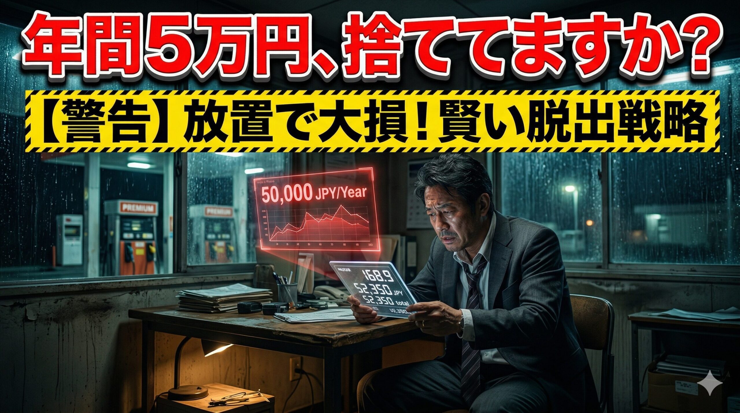 ハイオクの高い維持費に絶望する男性。年間5万円の損失を回避する方法を解説したアイキャッチ画像。