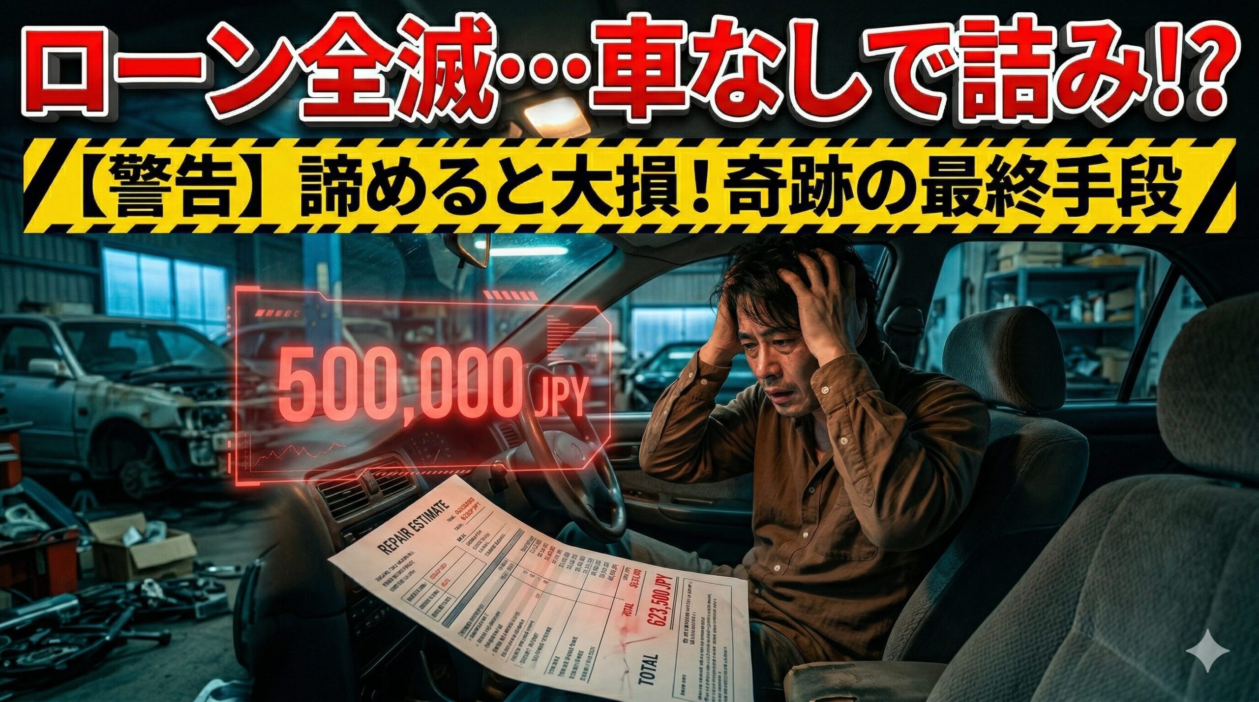 10年落ちの車の高額な維持費に絶望する男性。買い替えのタイミングを逃して大損する前に賢く脱出する方法を解説したアイキャッチ画像。