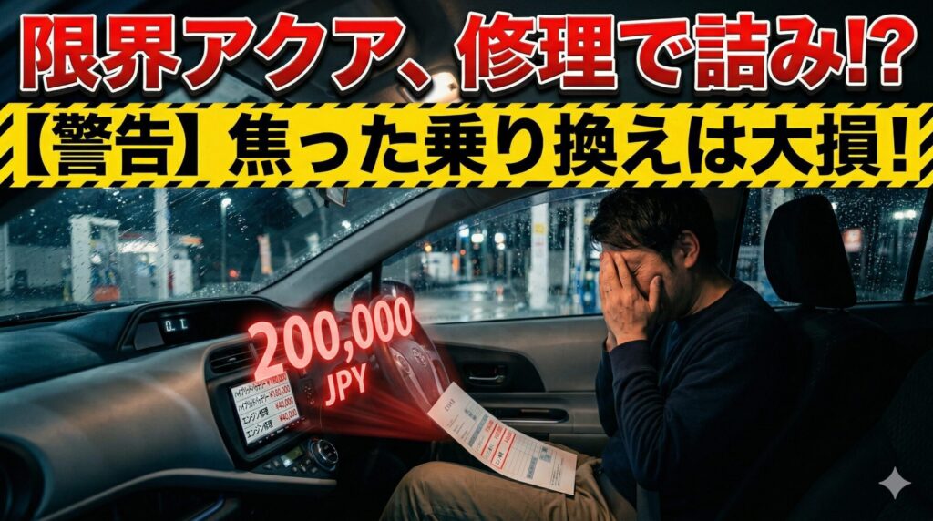 走行距離が限界を迎えたアクアの修理費に絶望する男性。焦って乗り換えて大損しないための賢い脱出方法を解説したアイキャッチ画像。