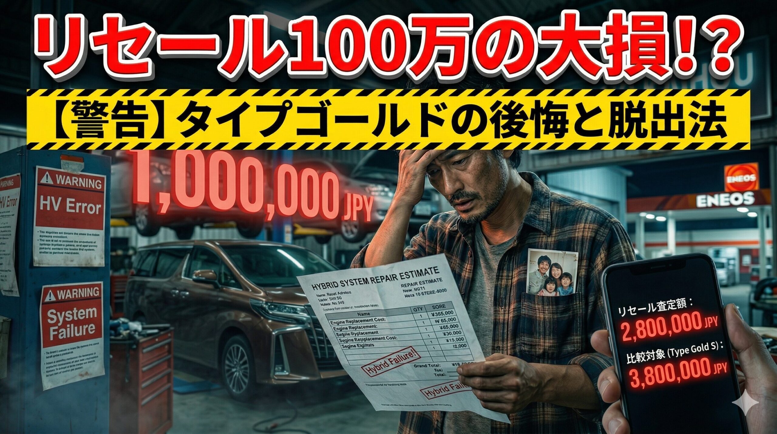 アルファード タイプゴールドのリセール差額に絶望する男性。SCパッケージの罠による大損を防ぎ、賢く脱出する方法を解説したアイキャッチ画像。