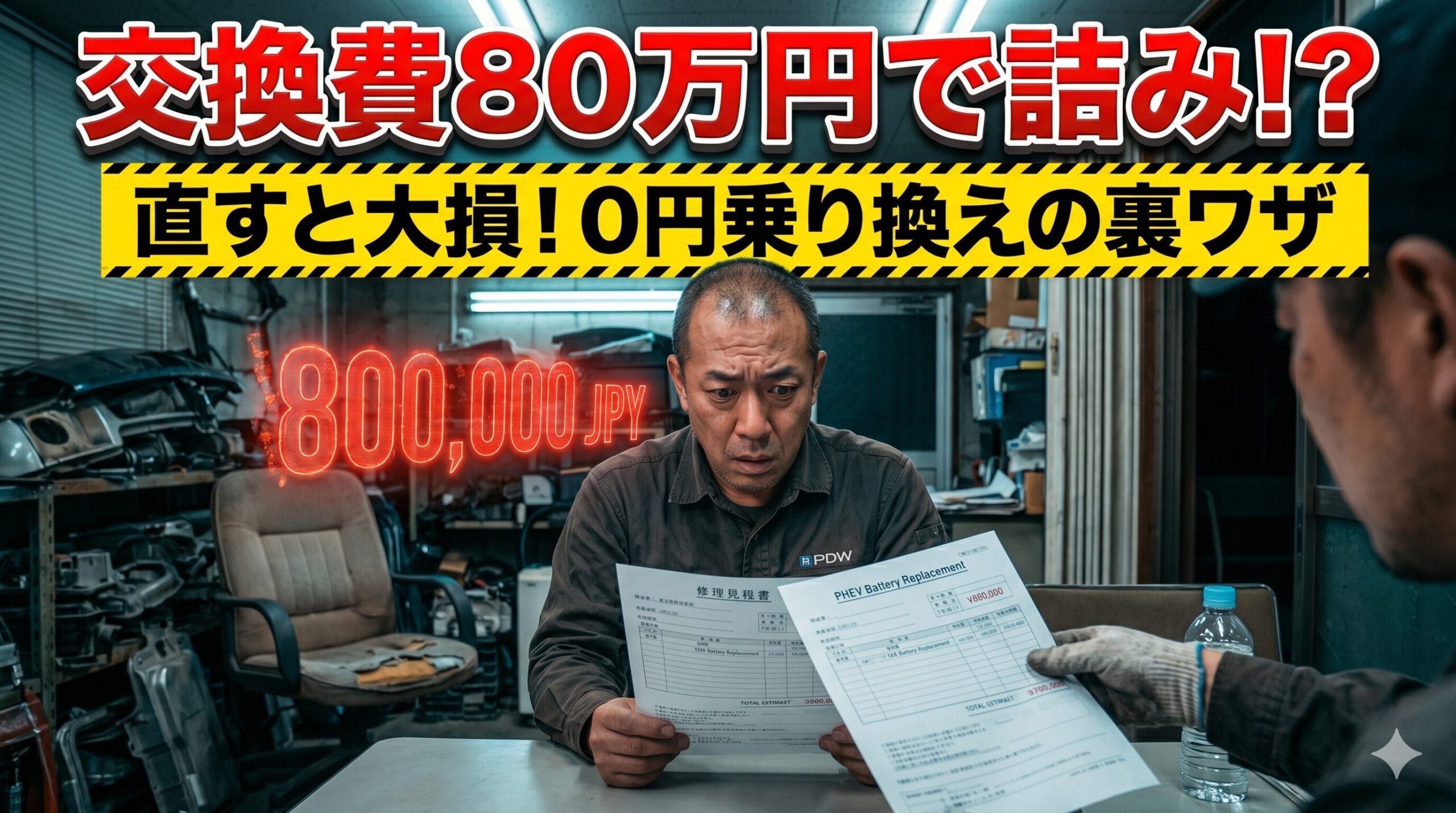 エクリプスクロスPHEVのバッテリー交換費用に絶望する男性。賢い損切りで脱出する方法を解説したアイキャッチ画像