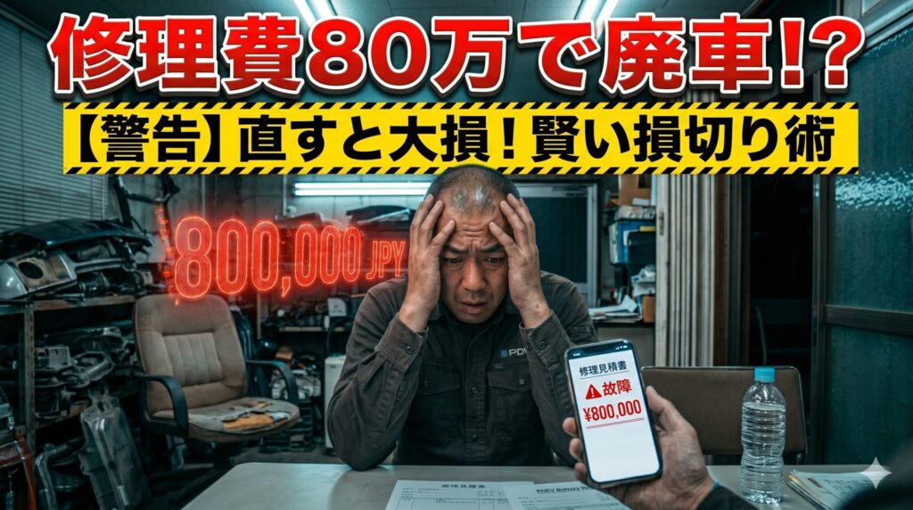 エクリプスクロスPHEVの修理費に絶望する男性。壊れる前に読むべき損切り術を解説したアイキャッチ