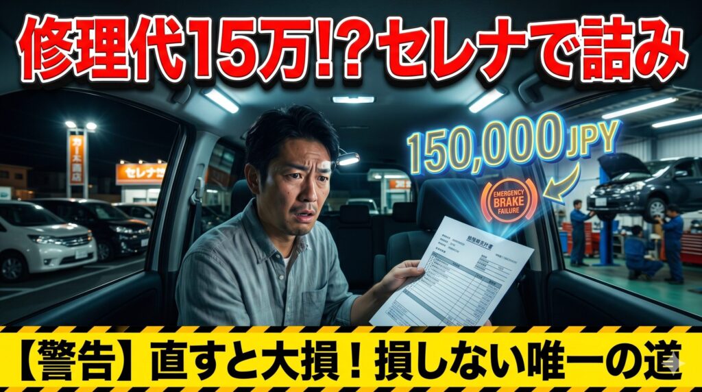 セレナのエマージェンシーブレーキ修理費に絶望する男性。賢い損切りで脱出する方法を解説したアイキャッチ画像