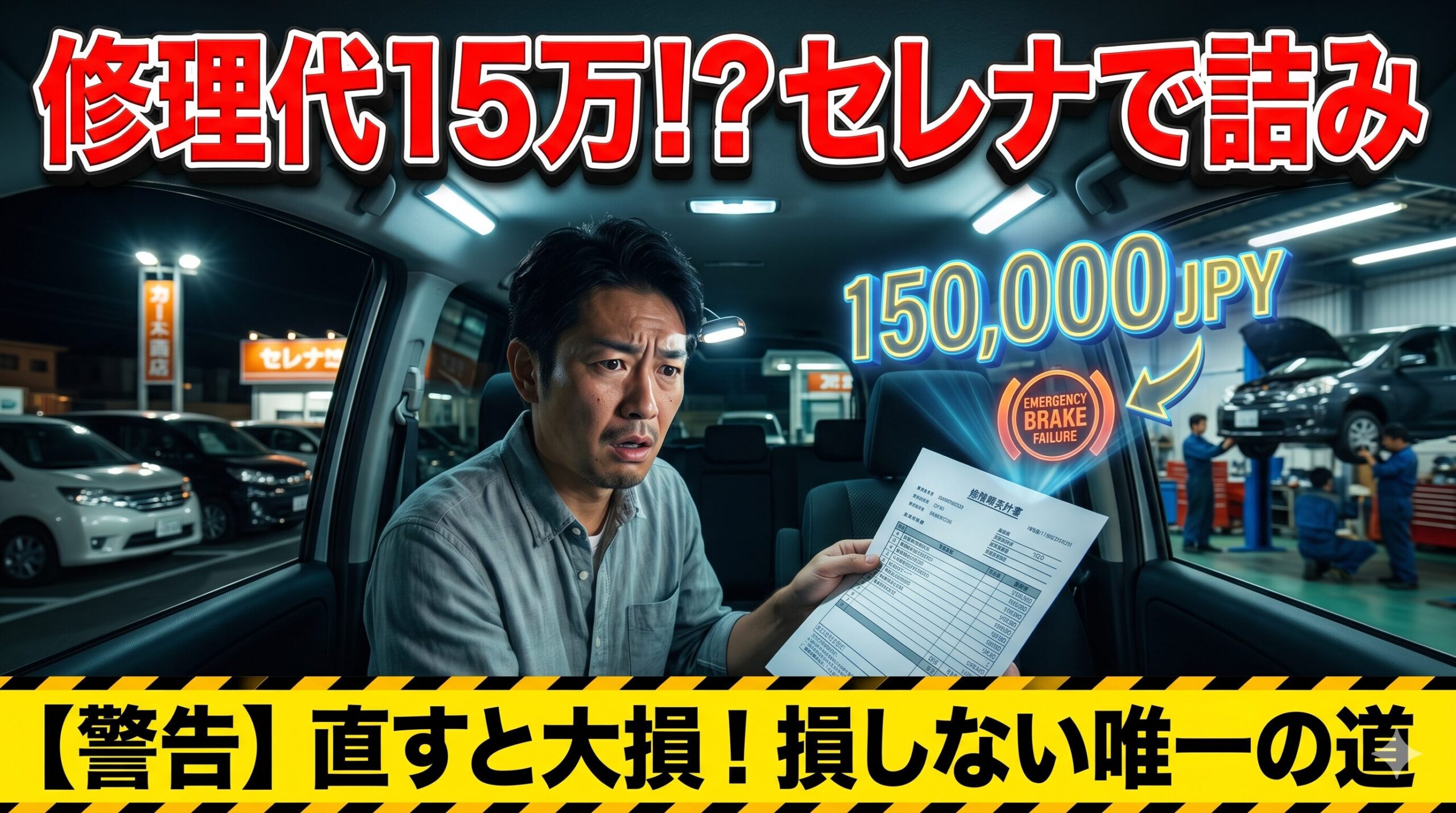 セレナのエマージェンシーブレーキ修理費に絶望する男性。賢い損切りで脱出する方法を解説したアイキャッチ画像