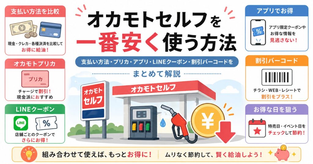 オカモトセルフの支払い方法まとめ！プリカ・アプリ・LINEクーポン・割引バーコードで安く給油する方法