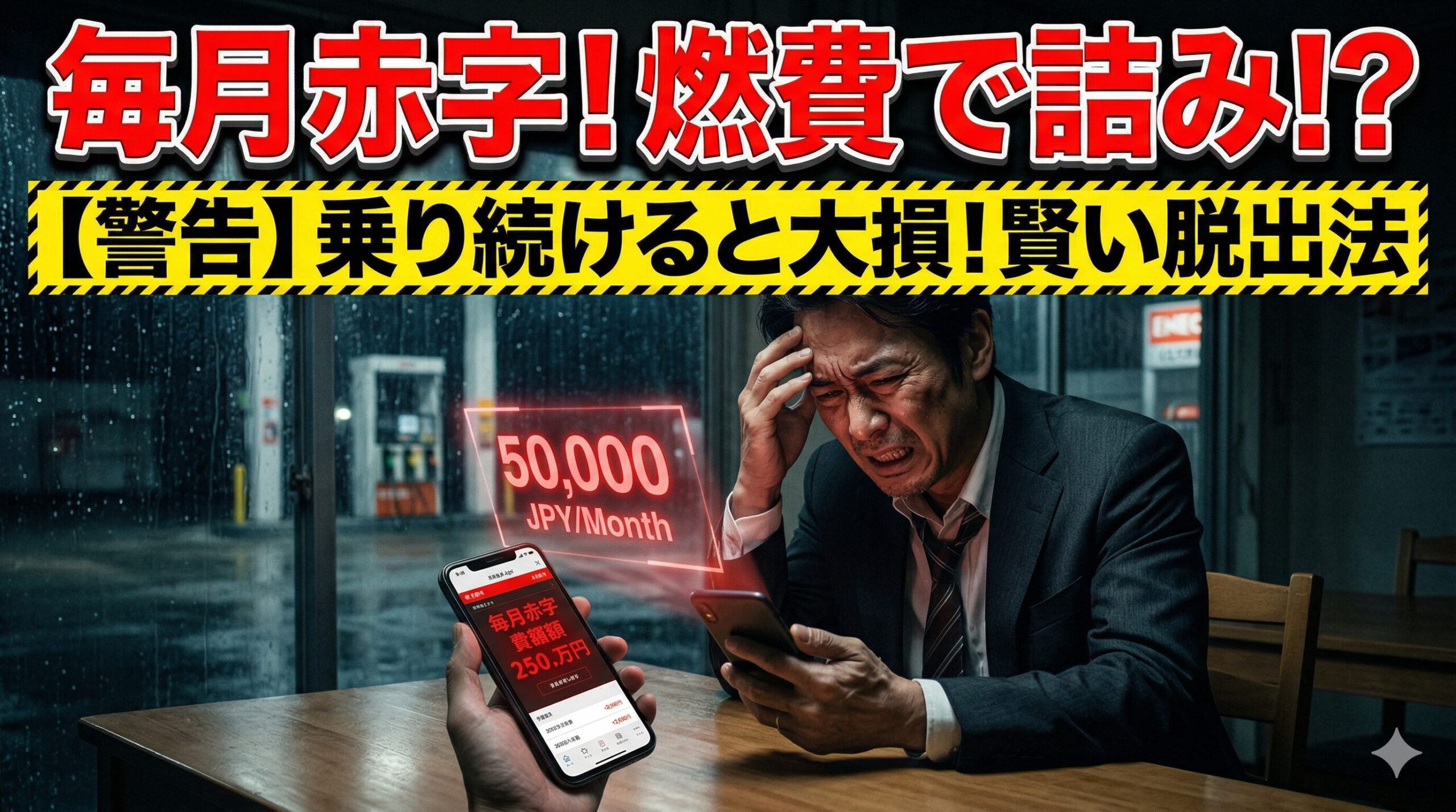 カローラクロスの燃費に絶望する男性。賢い損切りで大損を回避する方法を解説したアイキャッチ画像