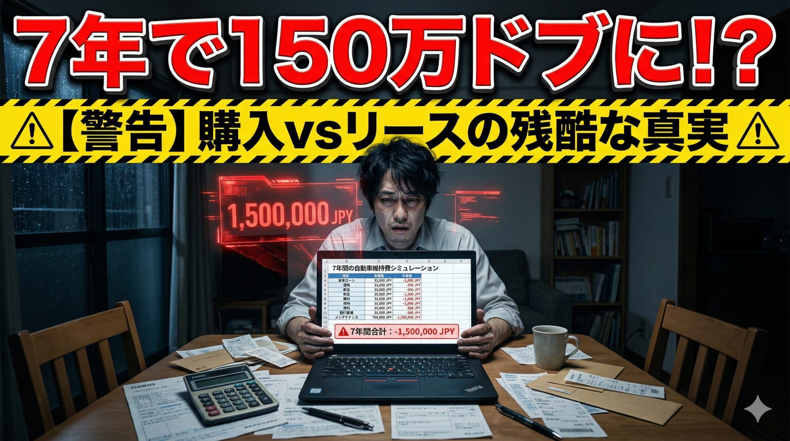 カーリースと購入の7年シミュレーション結果を見て絶望する男性。知らないと150万円損する残酷な真実を解説したアイキャッチ画像。