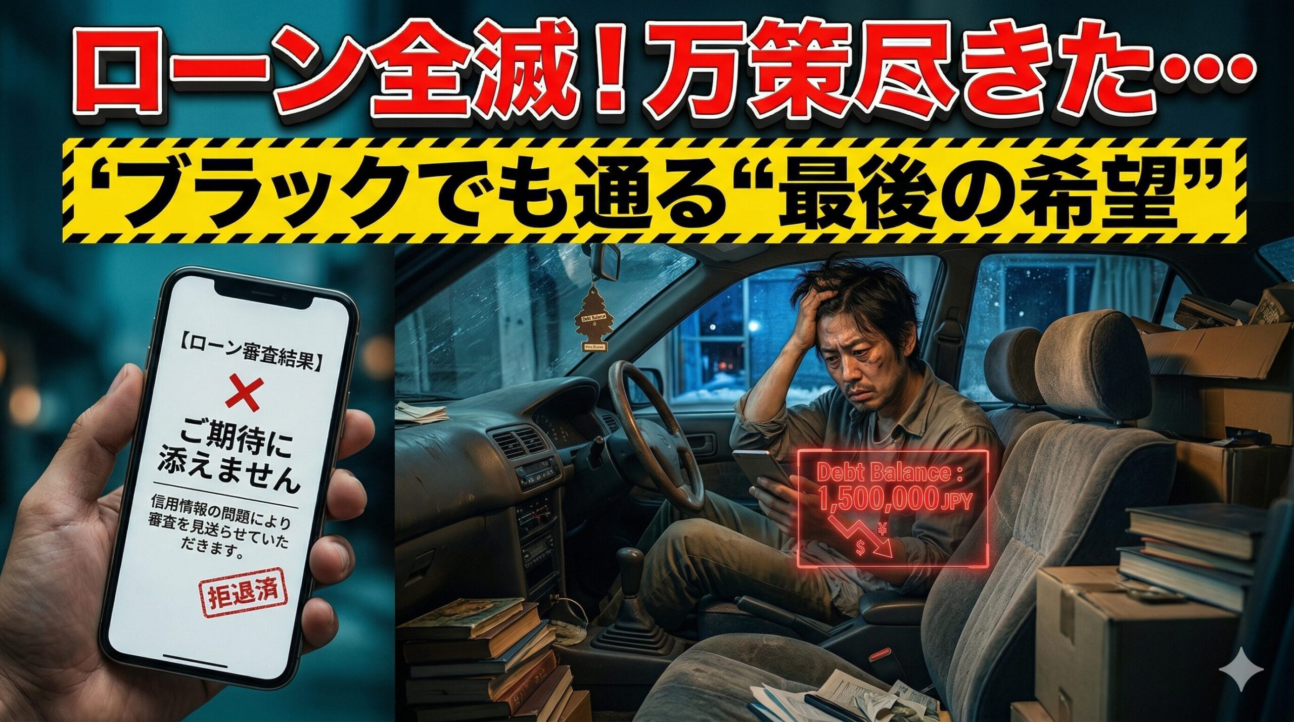 ローンの審査に落ち絶望する男性。金融ブラックでも車に乗れる最後の希望を解説したアイキャッチ画像。
